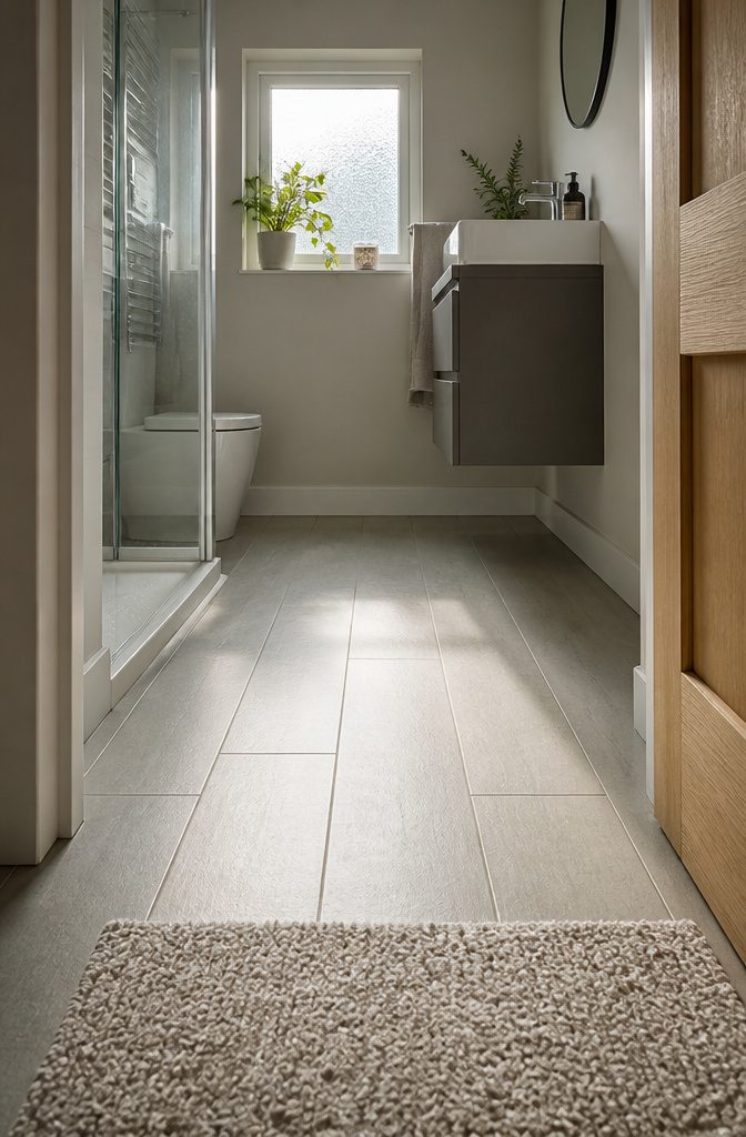 19 Ways to Decorate a Small Bathroom That Make It Work 19 Rectangular bathroom floor panels running lengthwise toward the far wall