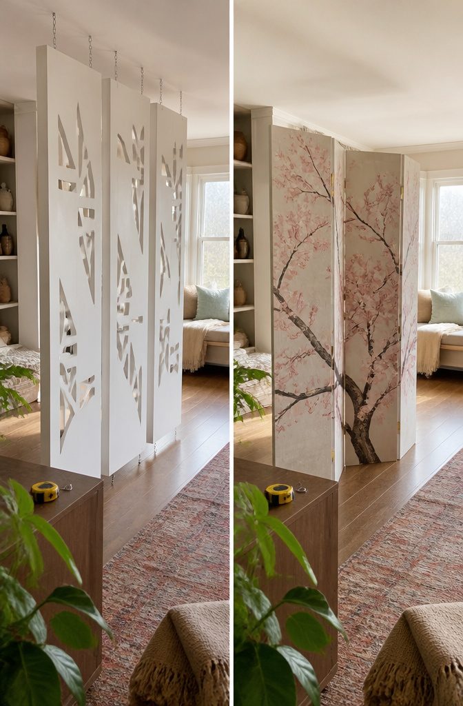 Decorative hanging panels beside a folding screen covered with painted canvas