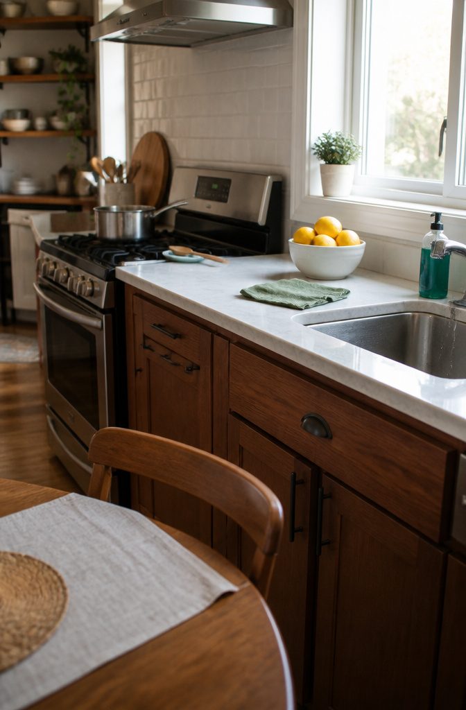 Kitchen counter beside a stove with a folded microfiber cloth near the sink