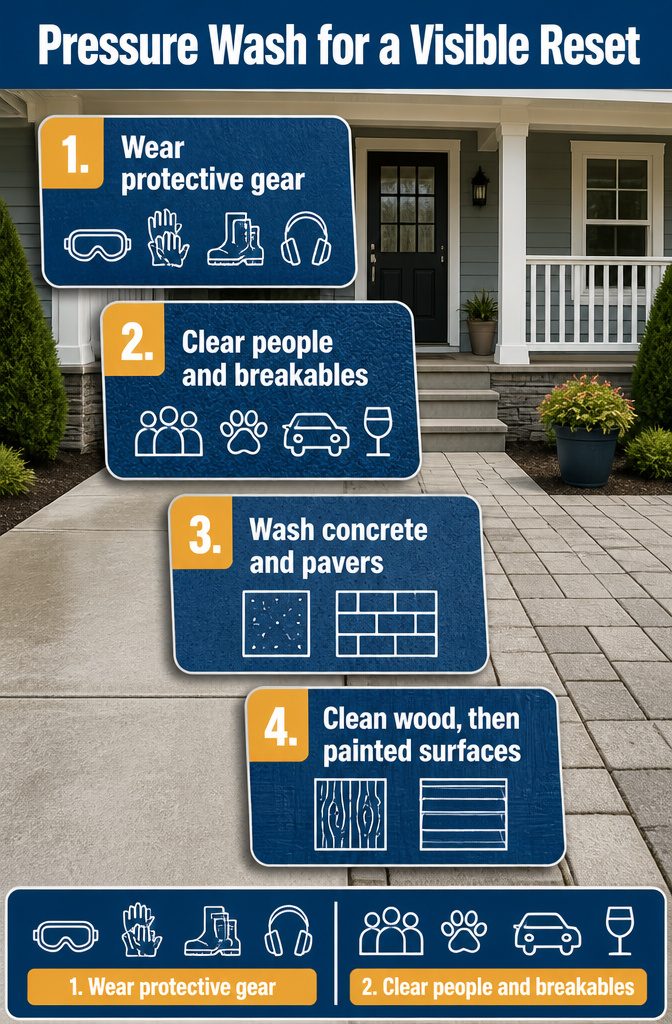 Pressure washer cleaning house siding beside a concrete walkway