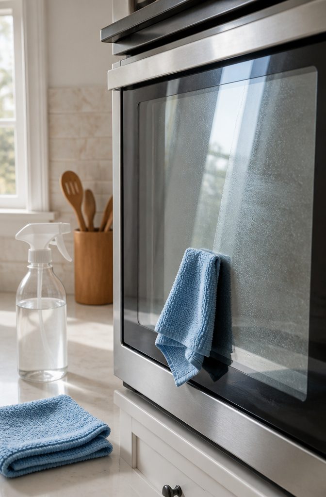 How to Clean Oven Glass Window: 8 Steps for Streak-Free Results 4 Oven exterior glass with a microfiber cloth and vinegar spray nearby