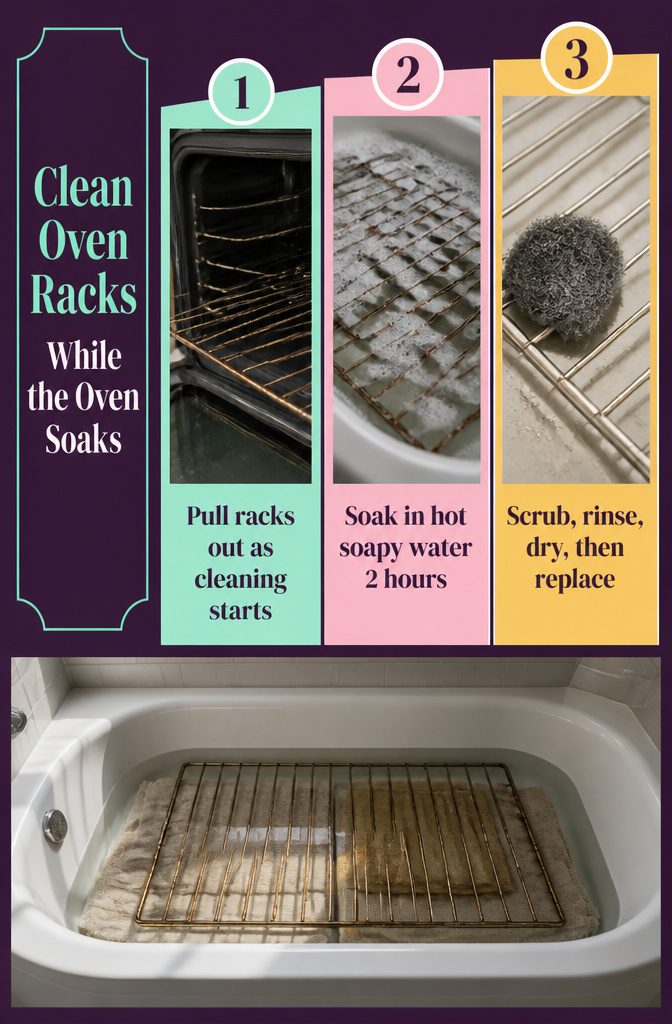 How to Deep Clean an Oven: 6 Steps from Start to Finish 4 Oven racks soaking beside an oven with cleaner on its interior