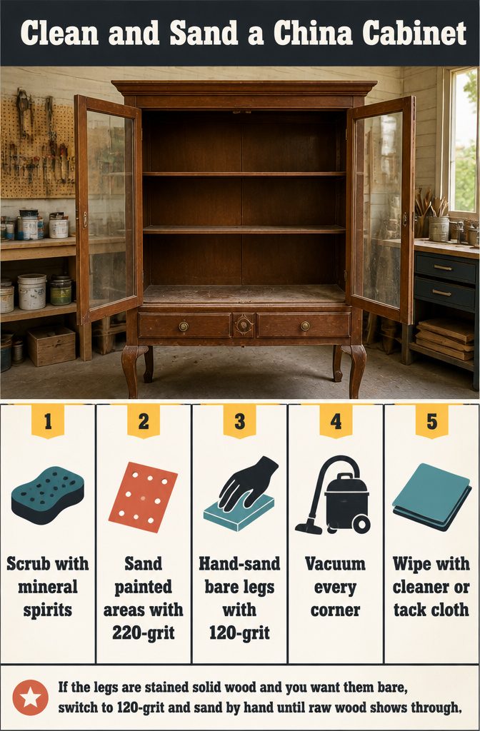 How to Paint a China Cabinet: 7 Steps to a Fresh Finish 4 Cleaning and sanding guide graphic for a china cabinet