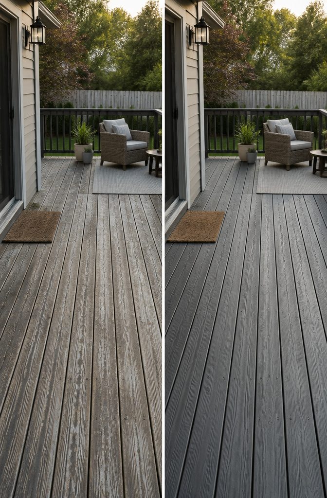 Deck boards beside outdoor furniture and planters