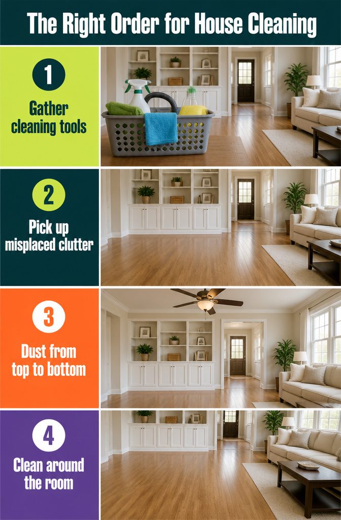 House-cleaning guide listing steps in order from gathering tools to cleaning