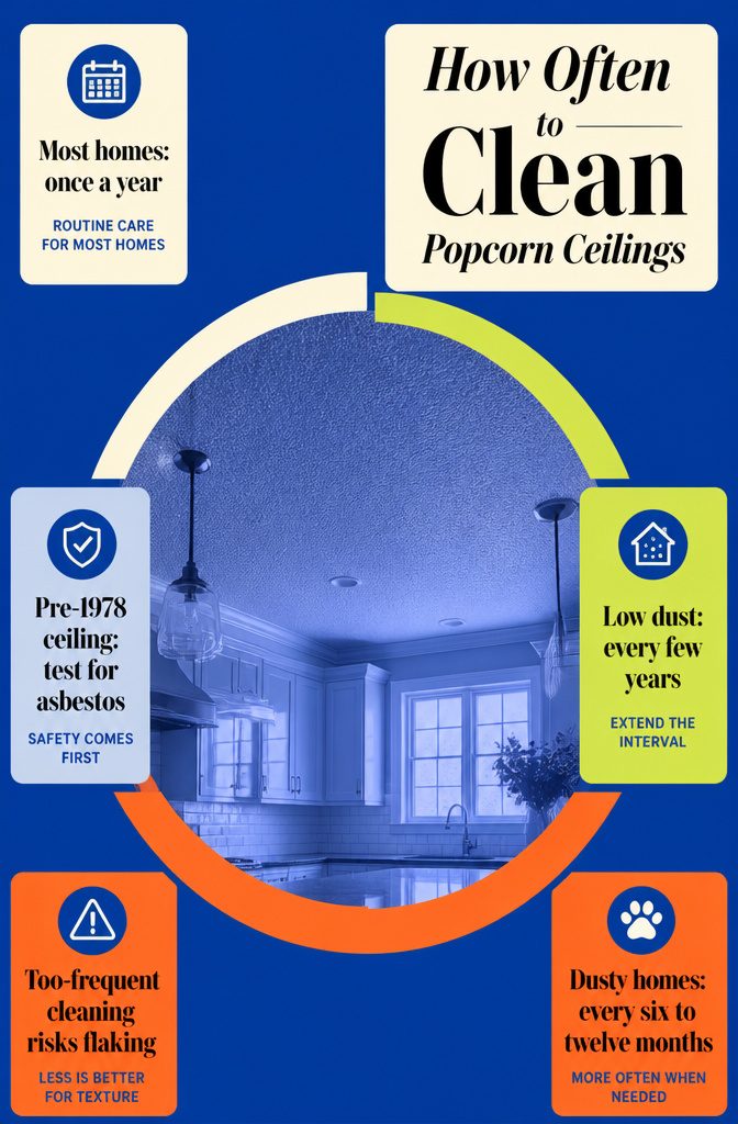 How to Clean Popcorn Walls: 6 Steps That Work 8 Information graphic showing suggested cleaning intervals for popcorn ceilings