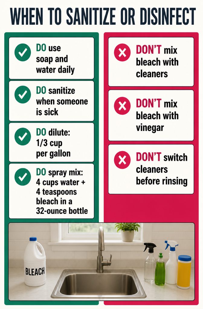 How to Clean Your House: 7 Steps for a Faster, Easier Reset 10 Infographic explaining when to sanitize or disinfect household surfaces