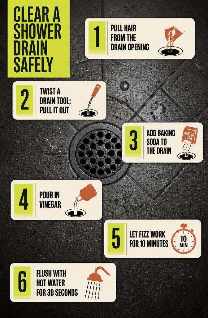 Shower drain cleaning guide with six numbered steps