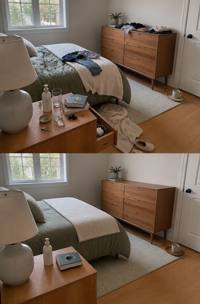 How to Keep a Room Clean: 10 Methods That Work 6 Bedroom nightstand with a lamp and a small number of items