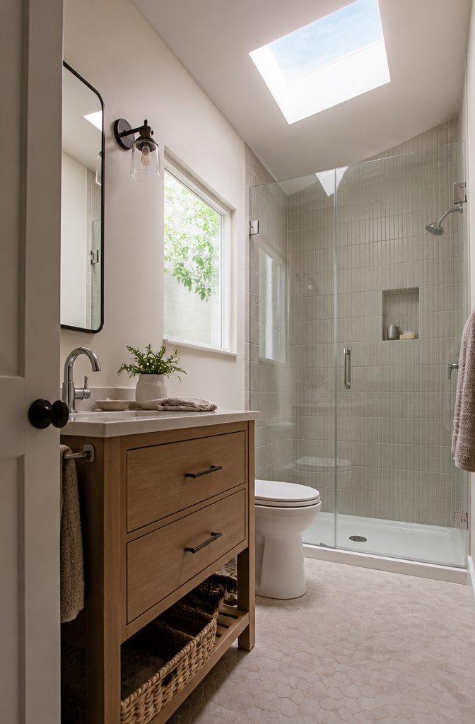 25 Ways to Update a Small Bathroom Without a Full Remodel 17 Small bathroom with overhead skylight and narrow frosted window