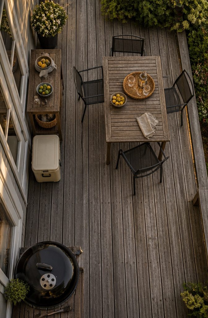 Outdoor dining table and chairs beside a drink-serving cart