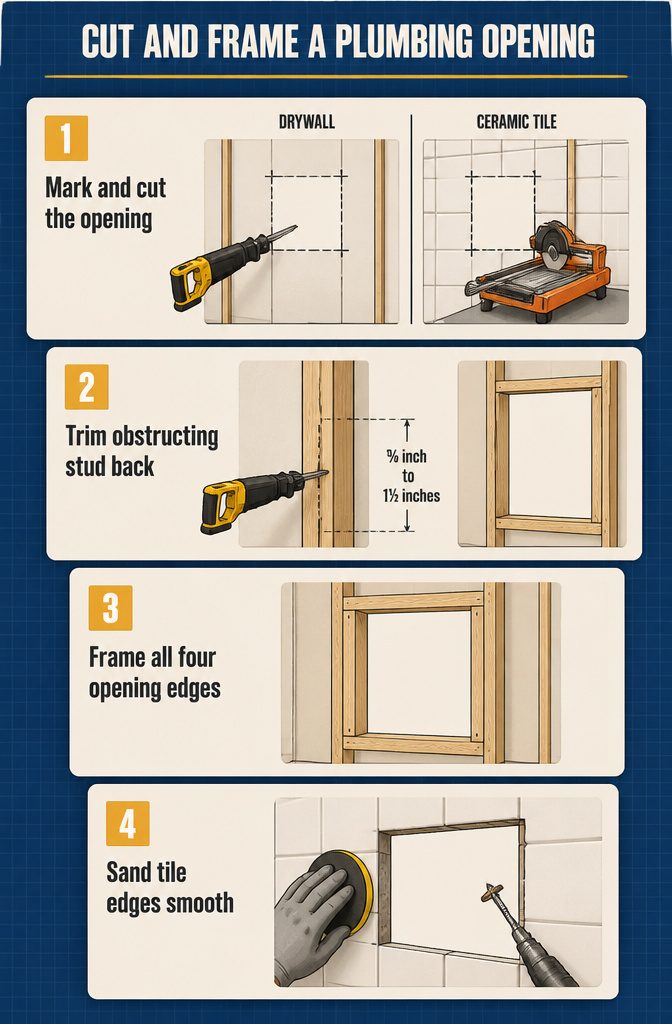 Wall opening with exposed framing and a reciprocating saw cutting a stud