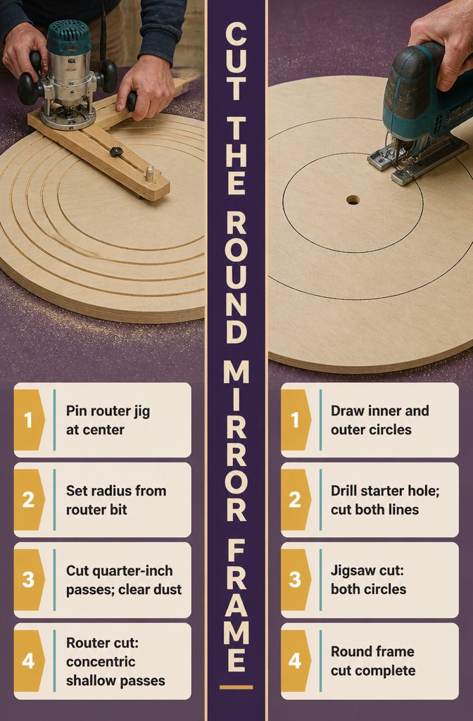 How to Frame a Round Mirror DIY: 7 Steps Start to Finish 5 Router mounted on a pivot jig above a wooden frame blank