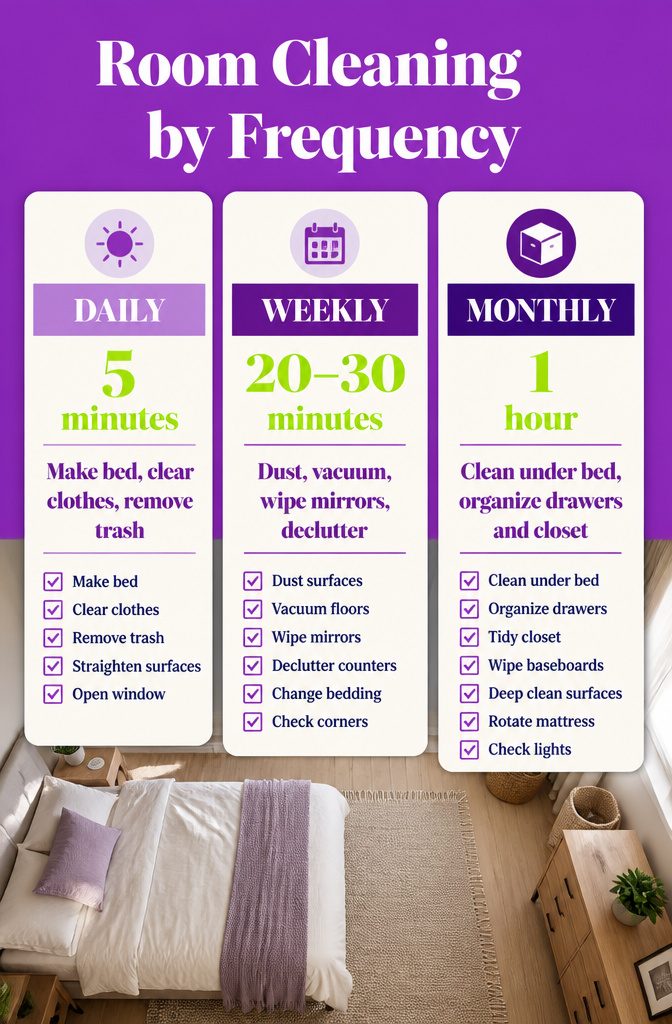 How to Keep a Room Clean: 10 Methods That Work 12 Bedroom cleaning schedule graphic listing daily weekly and monthly tasks
