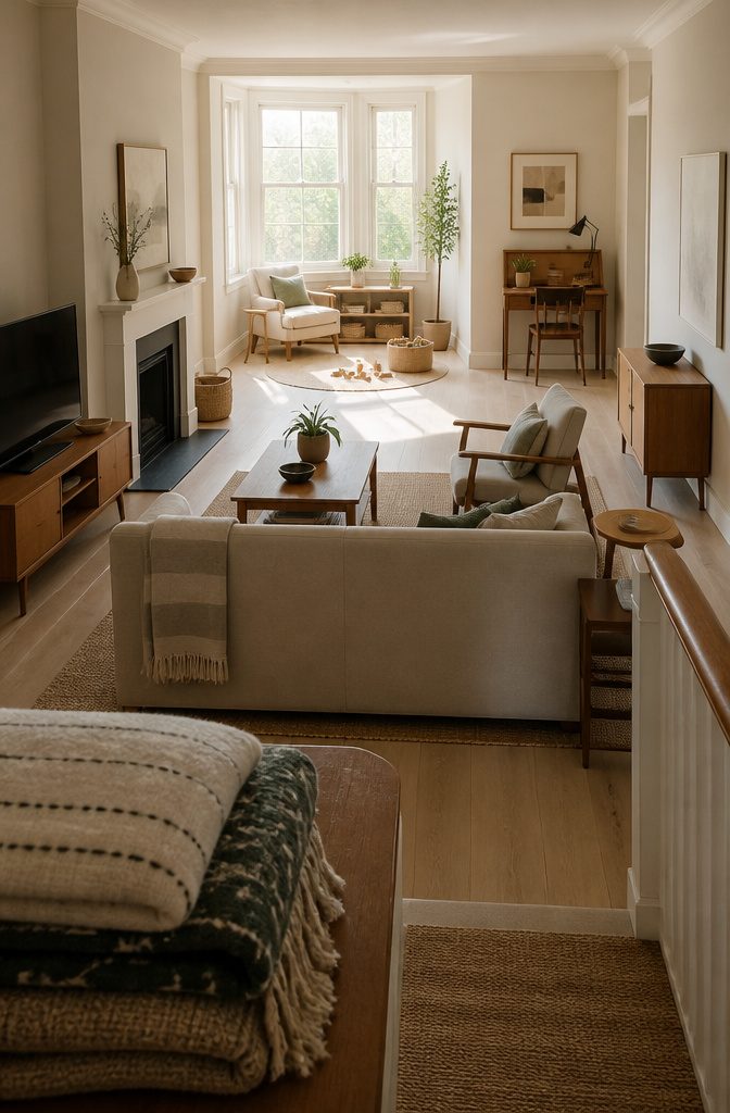 Living room with TV seating, bay window reading nook, and secretary desk