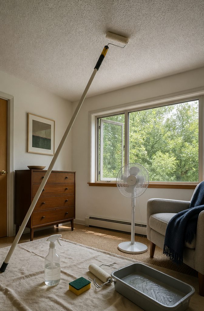 How to Clean Popcorn Walls: 6 Steps That Work 6 Barely damp paint roller on popcorn ceiling with vinegar spray bottle and sponge below