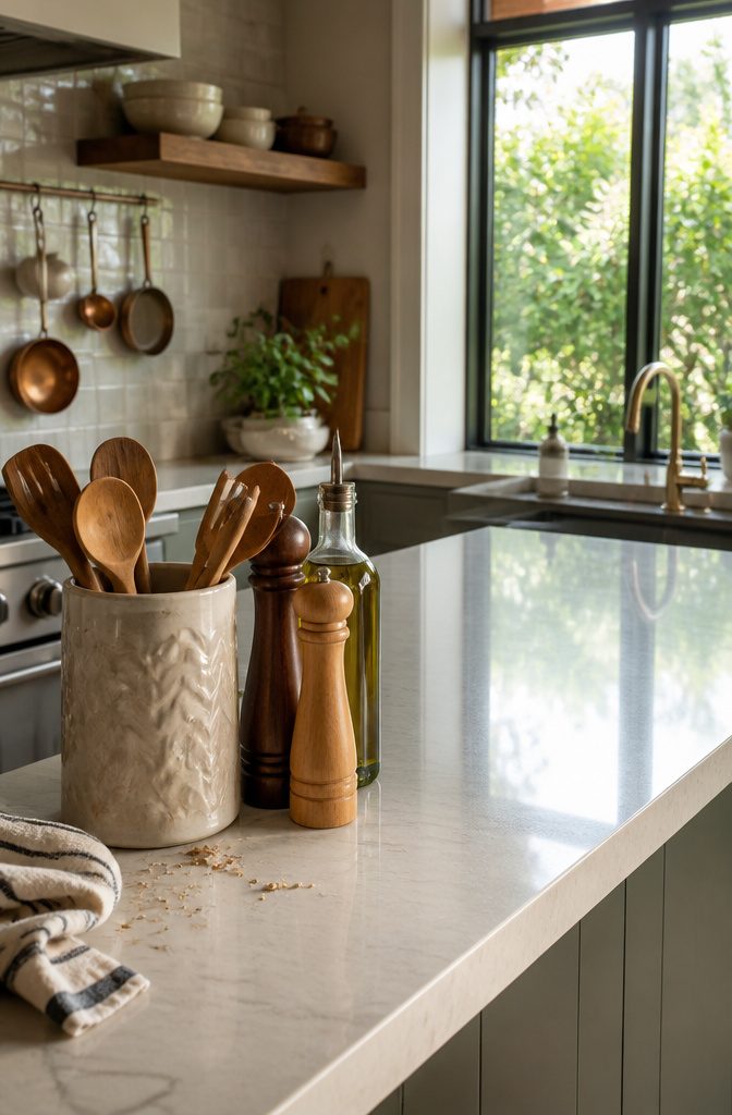 14 Ways to Decorate a Kitchen Island That Look Intentional 6 Ceramic utensil holder wooden spoons salt mills and olive oil on quartz