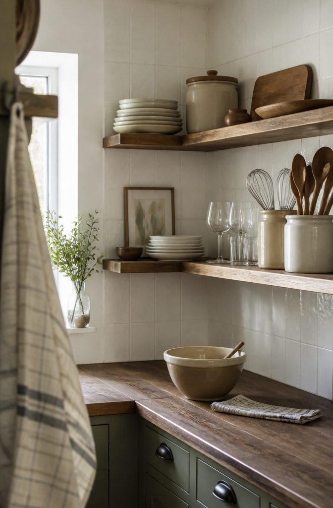 L-shaped wooden shelves with utensils crocks plates and stemware