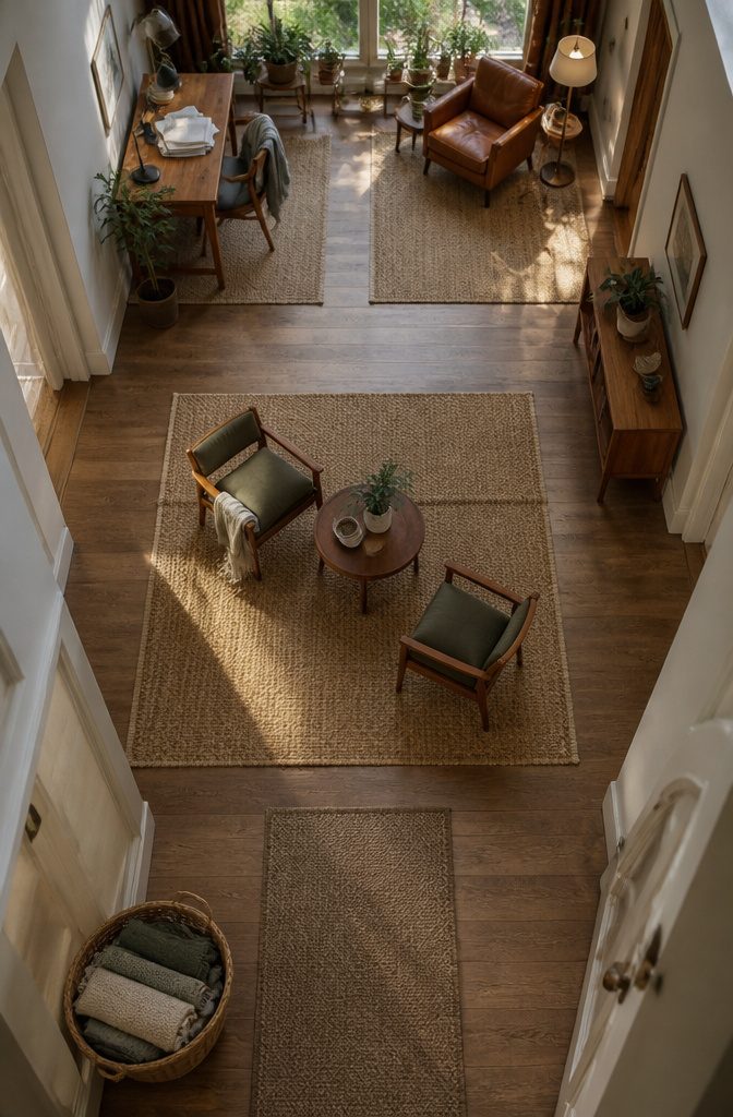 Long living room divided into work, hangout, and relaxing areas with separate rugs