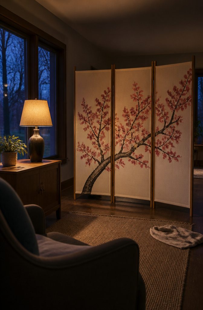 Painted cherry blossom canvas stretched across a folding divider frame