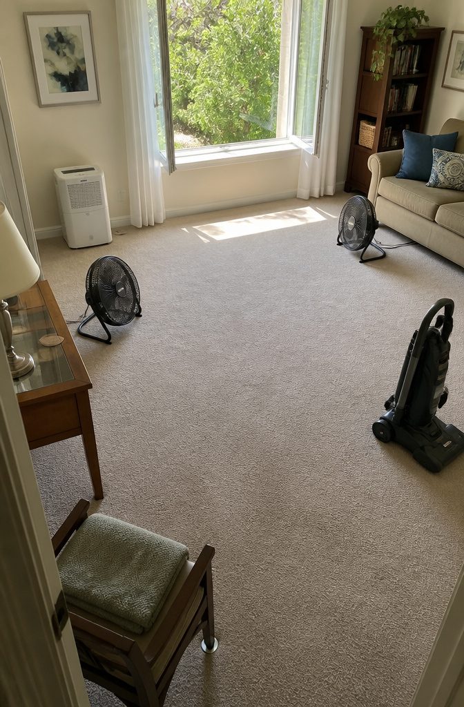How to Clean Carpet at Home: 7 Steps That Work 7 Living room carpet drying with fans before furniture is moved back