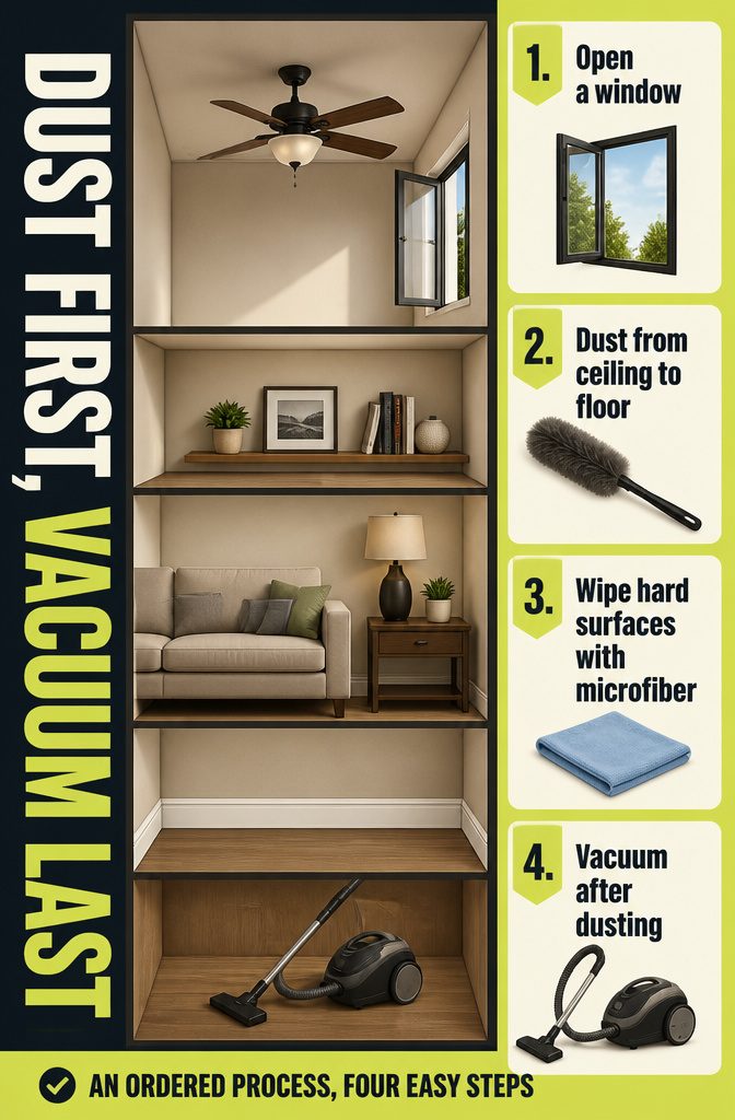 How to Keep a Room Clean: 10 Methods That Work 9 Microfiber cloth dusting a bedroom surface beside a vacuum