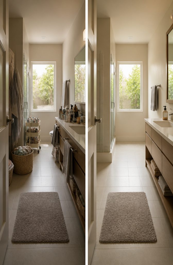 19 Ways to Decorate a Small Bathroom That Make It Work 13 Small bathroom with an uncluttered counter and open wall space