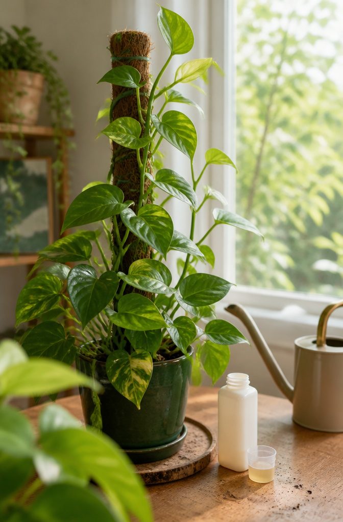 How to Care for Pothos: 7 Steps for Healthy Indoor Vines 6 Pothos plant beside a bottle of liquid fertilizer