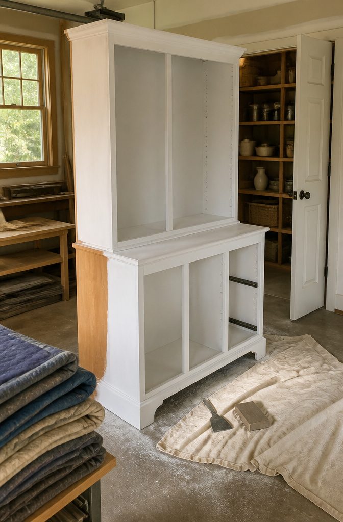 How to Paint a China Cabinet: 7 Steps to a Fresh Finish 5 China cabinet with white primer and sanded patches beside a putty knife