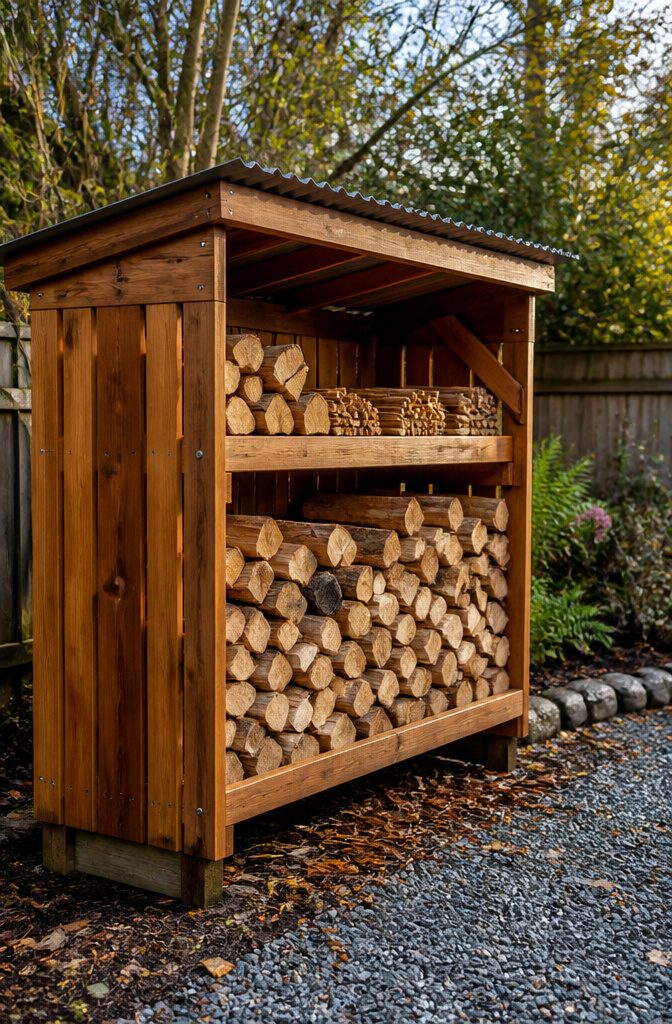 How to Build a Firewood Shed: 7 Steps from Ground to Roof 8 Finished firewood shed filled with split logs and kindling