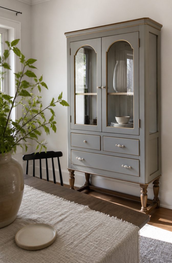 How to Paint a China Cabinet: 7 Steps to a Fresh Finish 8 Reassembled china cabinet with silver hardware and gold raised details