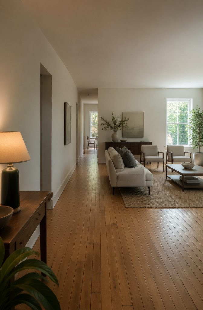 Living room sofa pulled away from the wall with open floor behind it