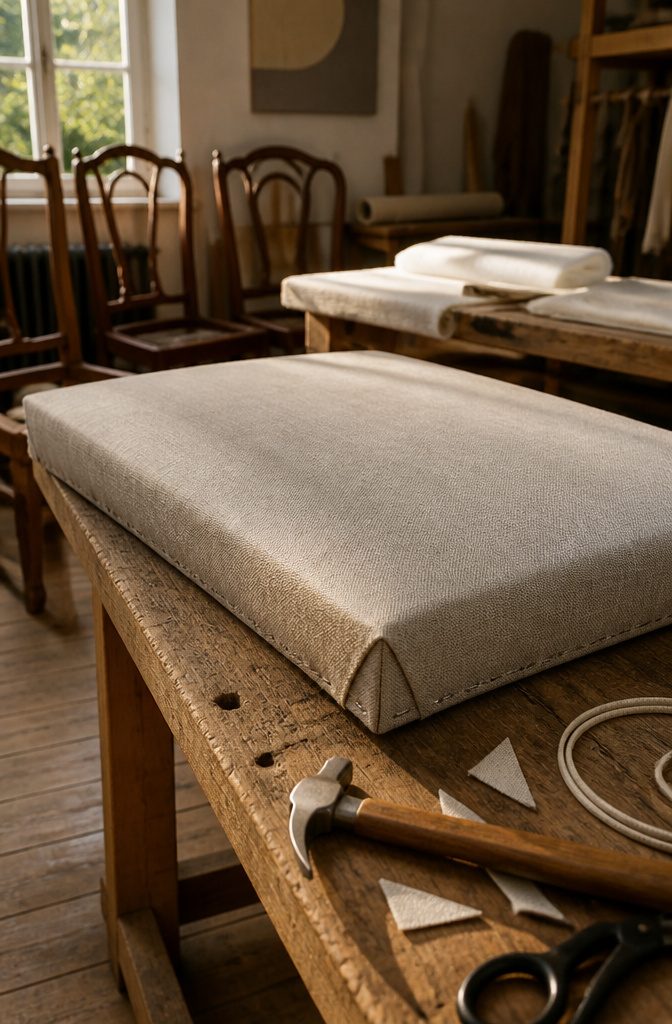 Upholstered chair seat underside showing diagonal corner folds and staples