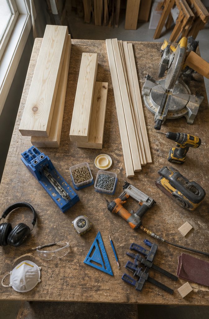 How to Build a Kitchen Table: 8 Steps from Planning to Finish 3 Table-building lumber and tools including a miter saw and drill