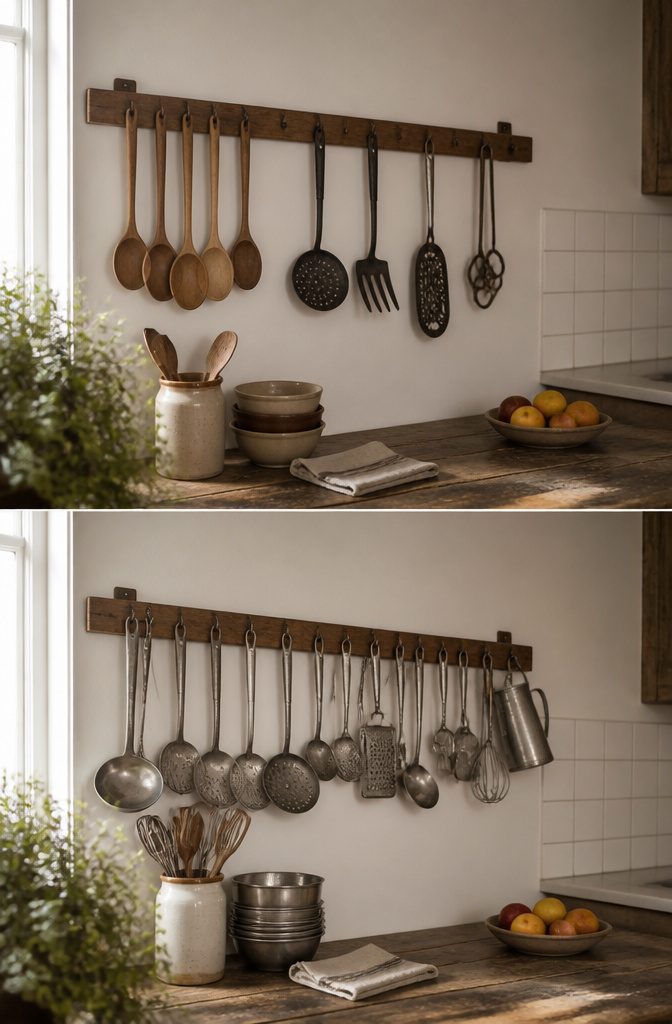 Grouped vintage ladles and wooden spoons displayed together