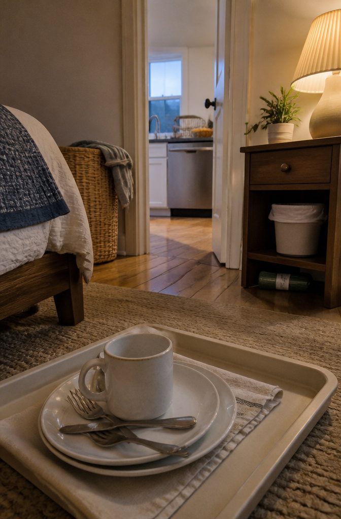 How to Keep a Room Clean: 10 Methods That Work 7 Small trashcan beside a bed in a bedroom
