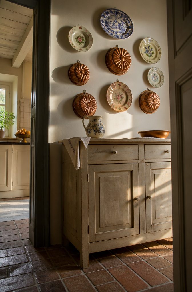 Copper gelatin molds and patterned plates arranged on a kitchen wall