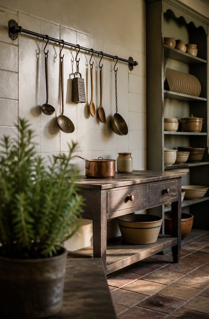Kitchen utensils hanging from a rack on individual hooks