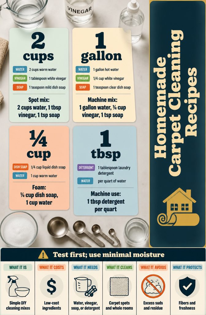 How to Clean Carpet at Home: 7 Steps That Work 12 Homemade carpet cleaner recipe graphic with instructions in a home interior
