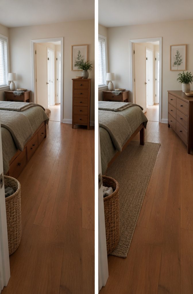 Small bedroom furnished with a bed, one nightstand, and slim dresser