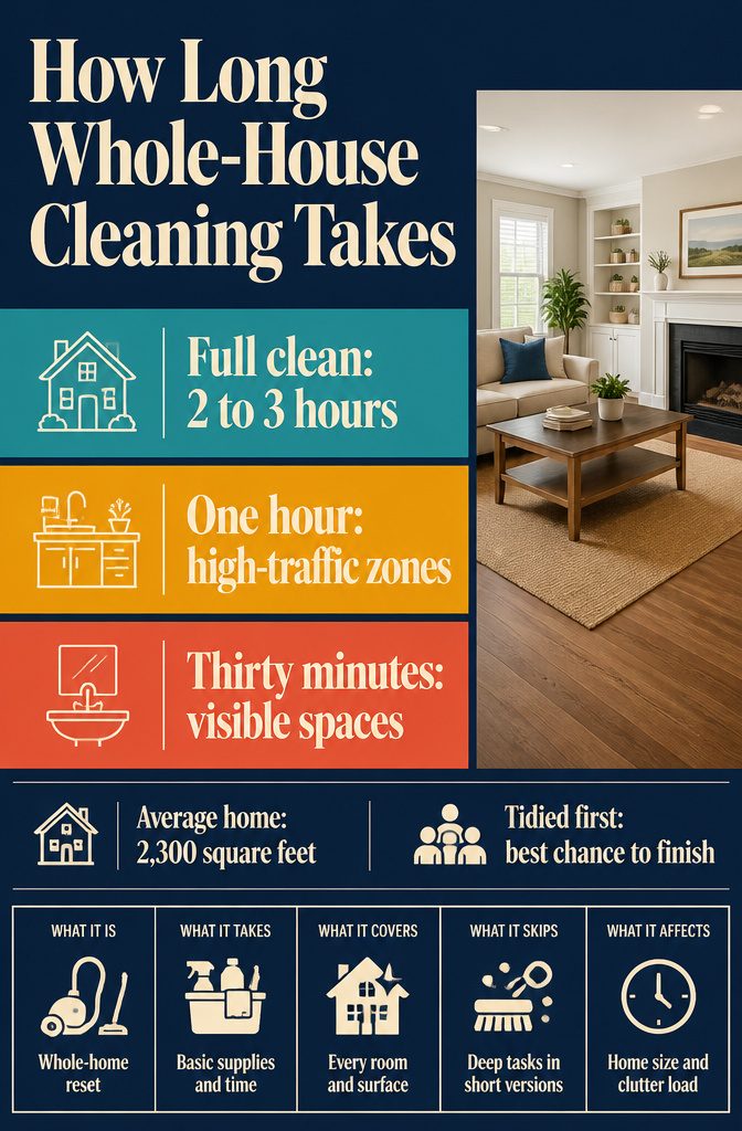 How to Clean Your House: 7 Steps for a Faster, Easier Reset 9 Cleaning time infographic with estimates for full and shorter household resets