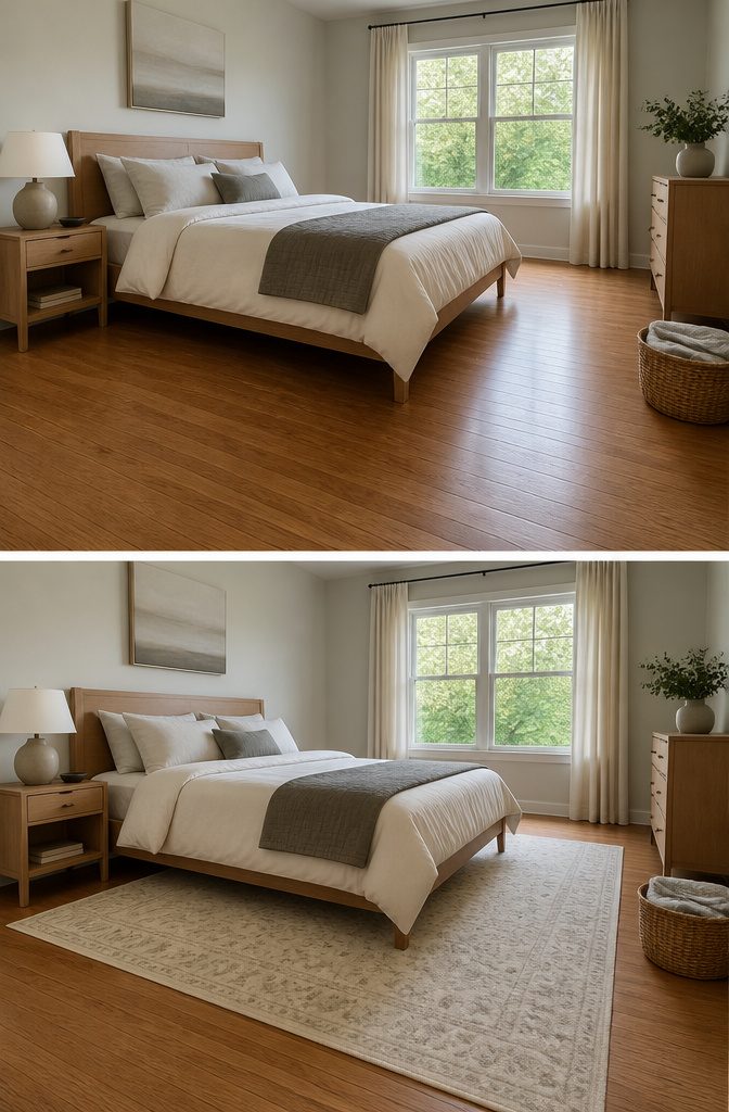 Bedroom rug placed under the bed and extended into open floor space