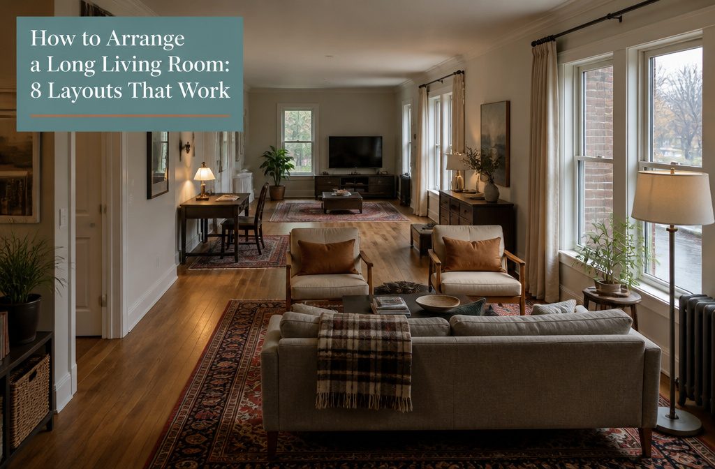 Long living room with central seating, a bright bay window nook, and a small desk