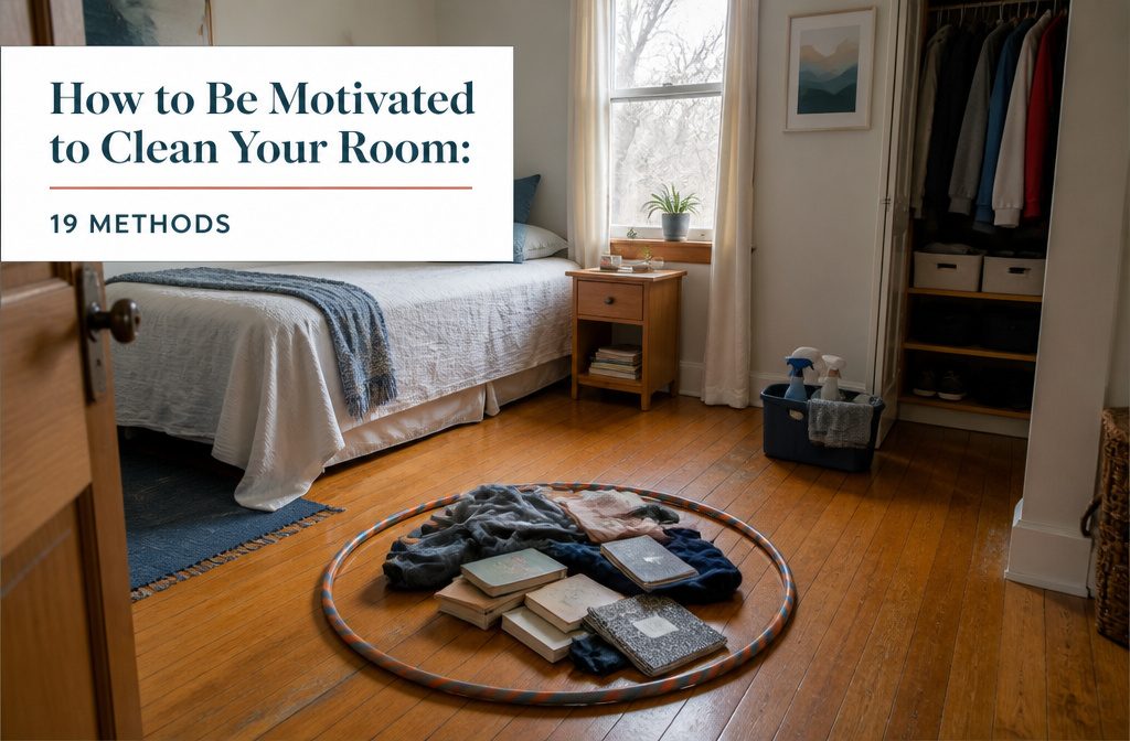 Bedroom with a made bed, clear floor and a small pile of folded clothes