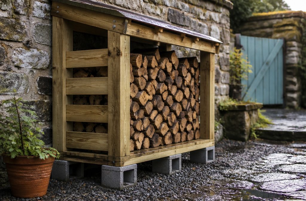 Firewood shed with a sloped roof and stacked split logs inside