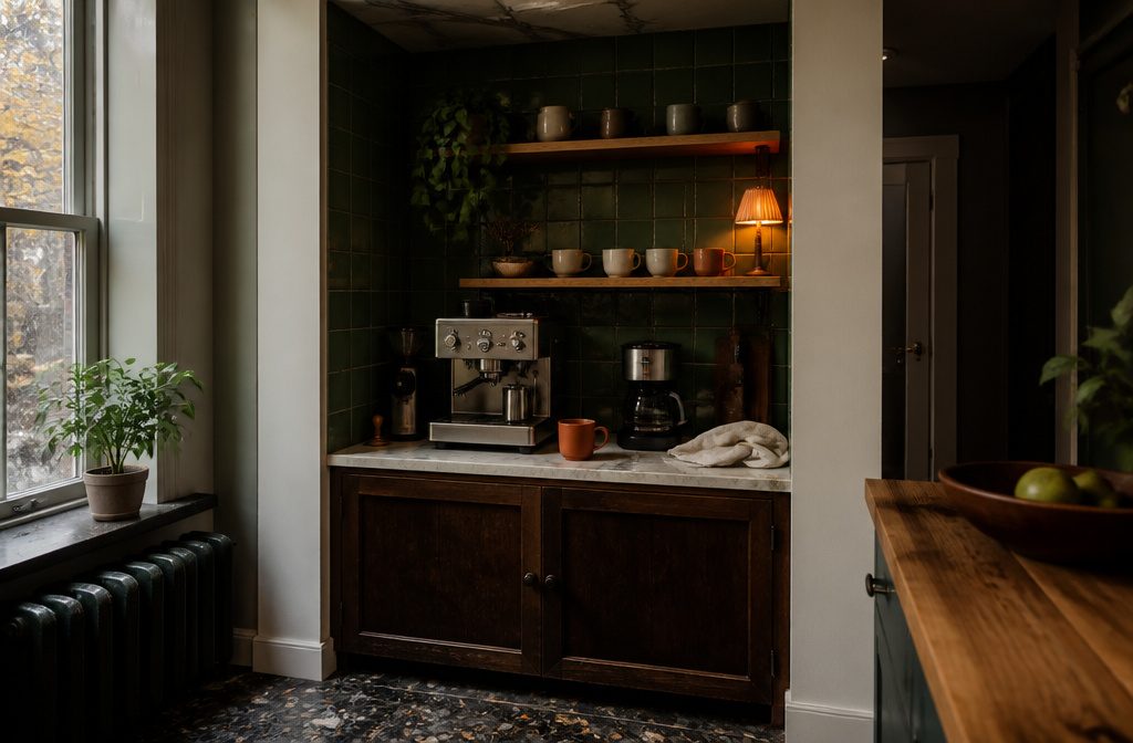 Coffee maker, mugs, and coffee supplies arranged together on a kitchen counter