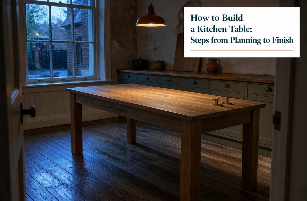 Finished wooden kitchen table with a plank top and sturdy legs