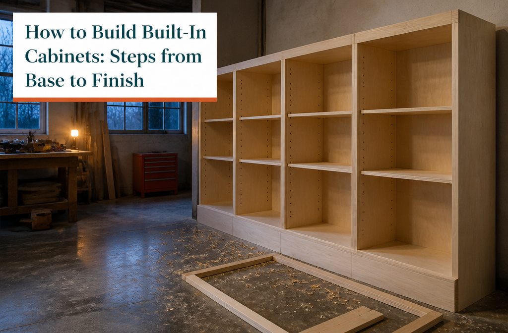 Built-in cabinets with lower doors and open shelves across a home wall