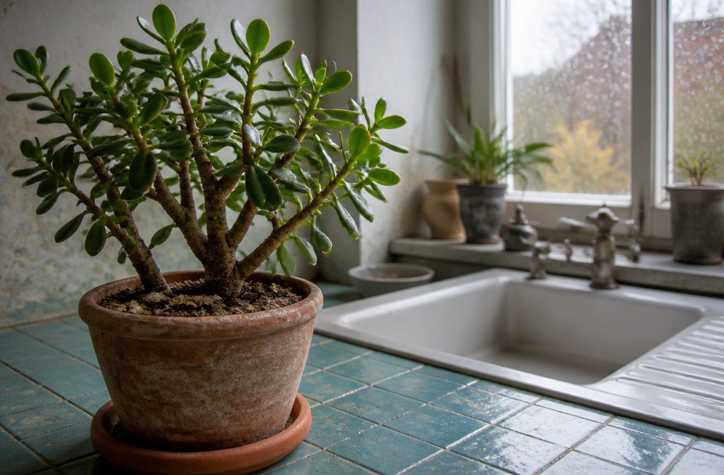 Jade plant with thick green leaves and sturdy stems in an indoor pot