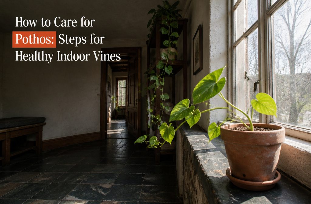 Pothos vine with heart-shaped leaves trailing beside a bright window